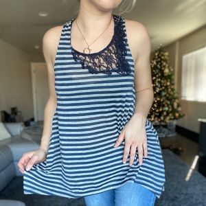 Ladies Boutique Striped Flair Tank with Lace Detail in Grey and Navy: Size Small